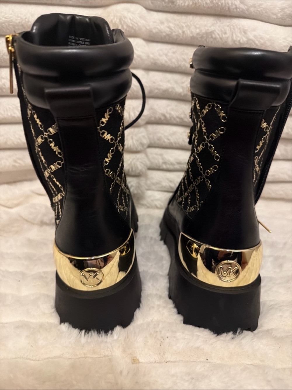 Michael Kors Black and Gold Logo Lace-Up Combat Boots - Picture 5 of 10